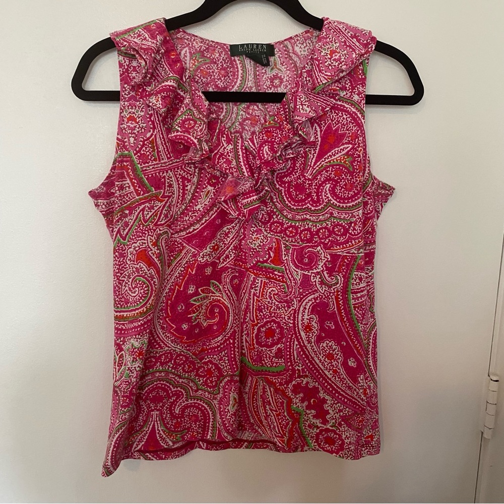 Ralph Lauren Women’s Pink Paisley Ruffled Blouse -  Petite Medium